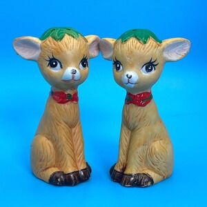 Vintage Fawn Deer Salt & Pepper Shakers Brown Holiday MCM Kitsch Reindeer